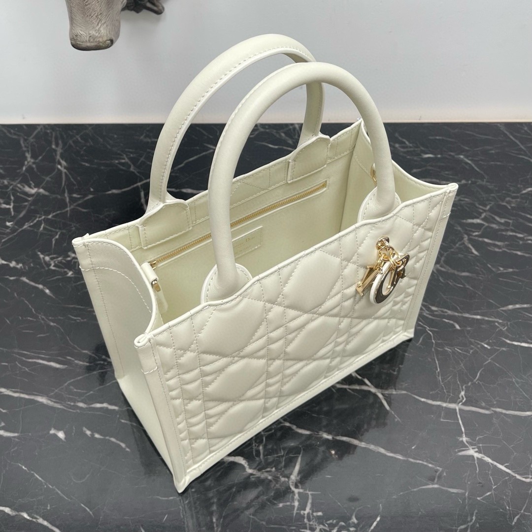 D*or small book tote bag with strap in white macrocannage calfskin