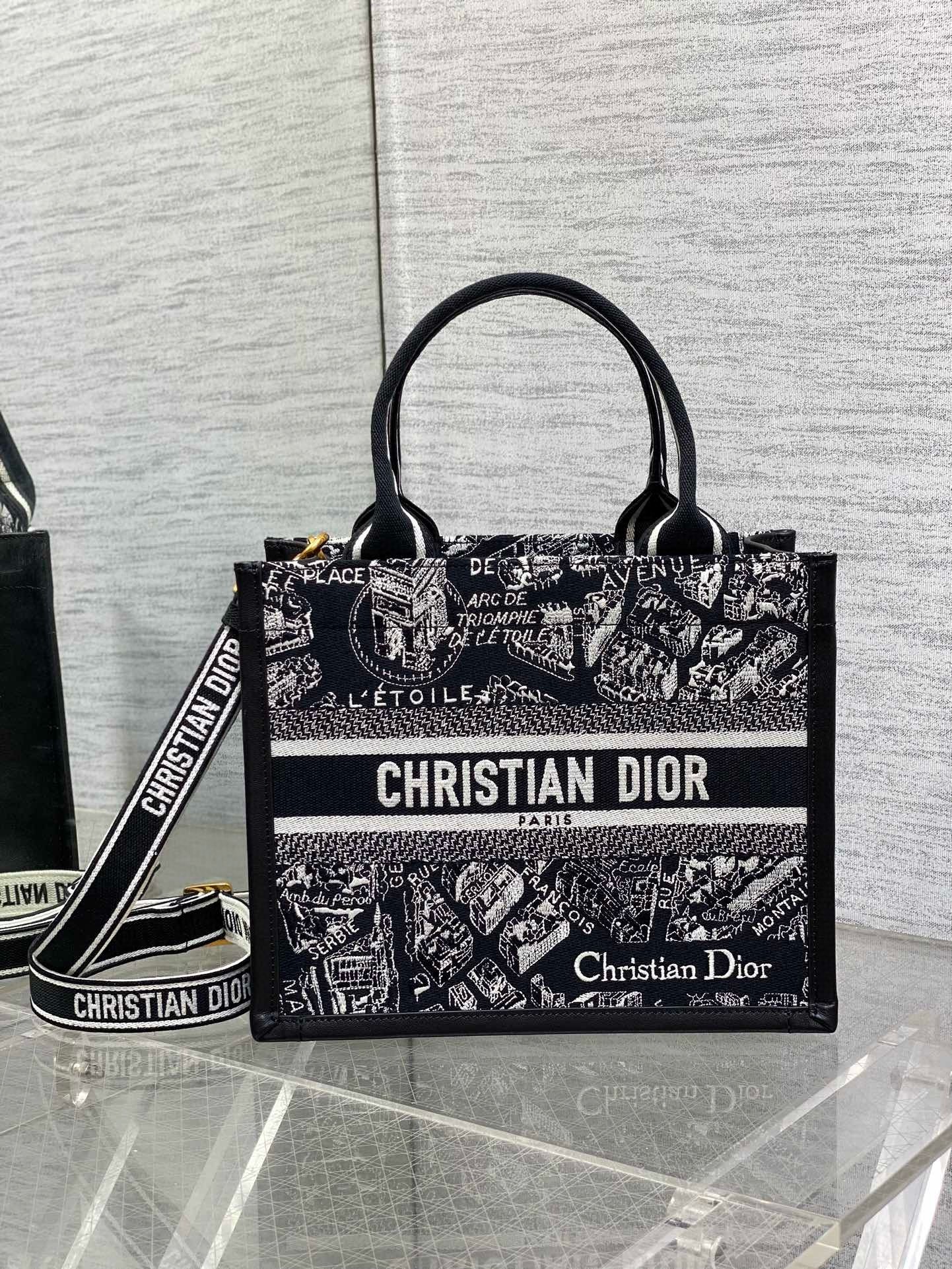 D*or small book tote bag with strap in plan de paris embroidery and black calfskin