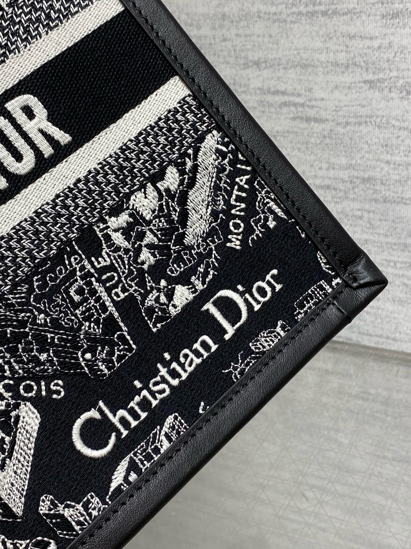 D*or small book tote bag with strap in plan de paris embroidery and black calfskin