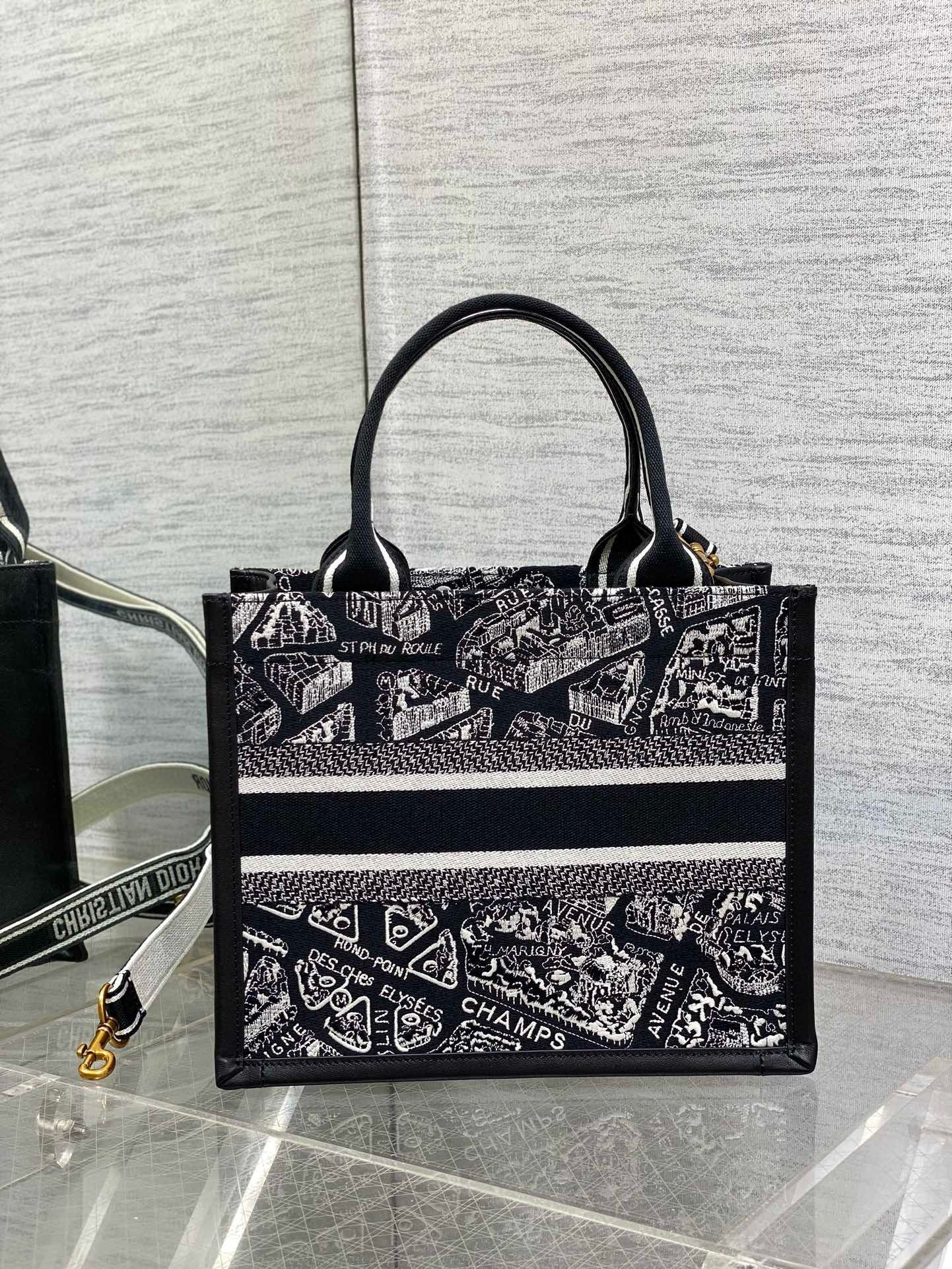 D*or small book tote bag with strap in plan de paris embroidery and black calfskin