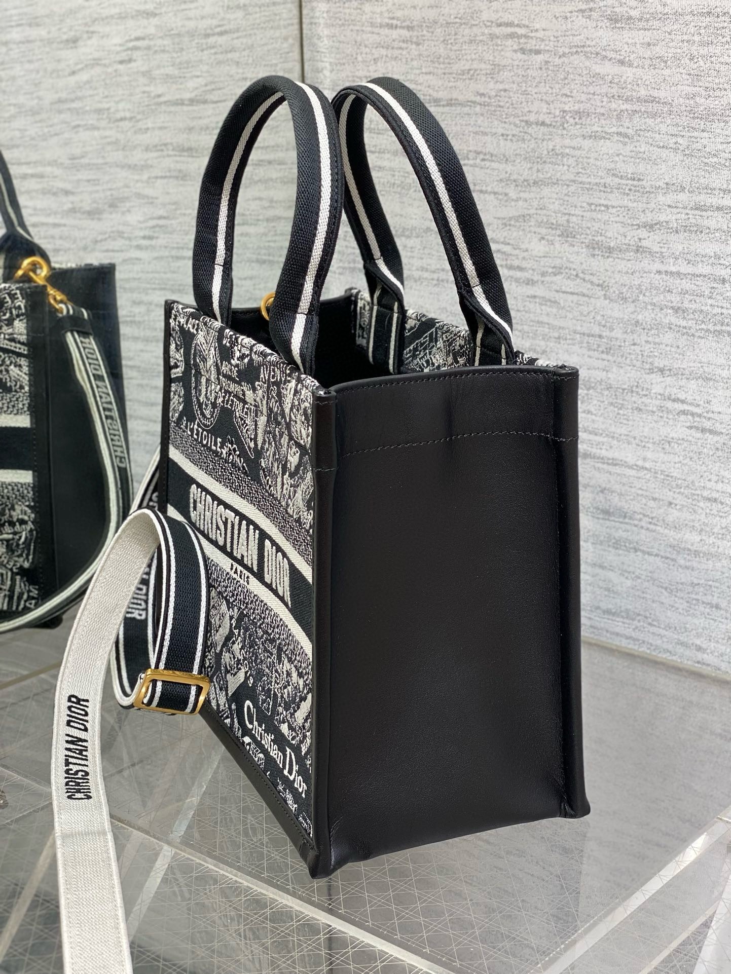 D*or small book tote bag with strap in plan de paris embroidery and black calfskin