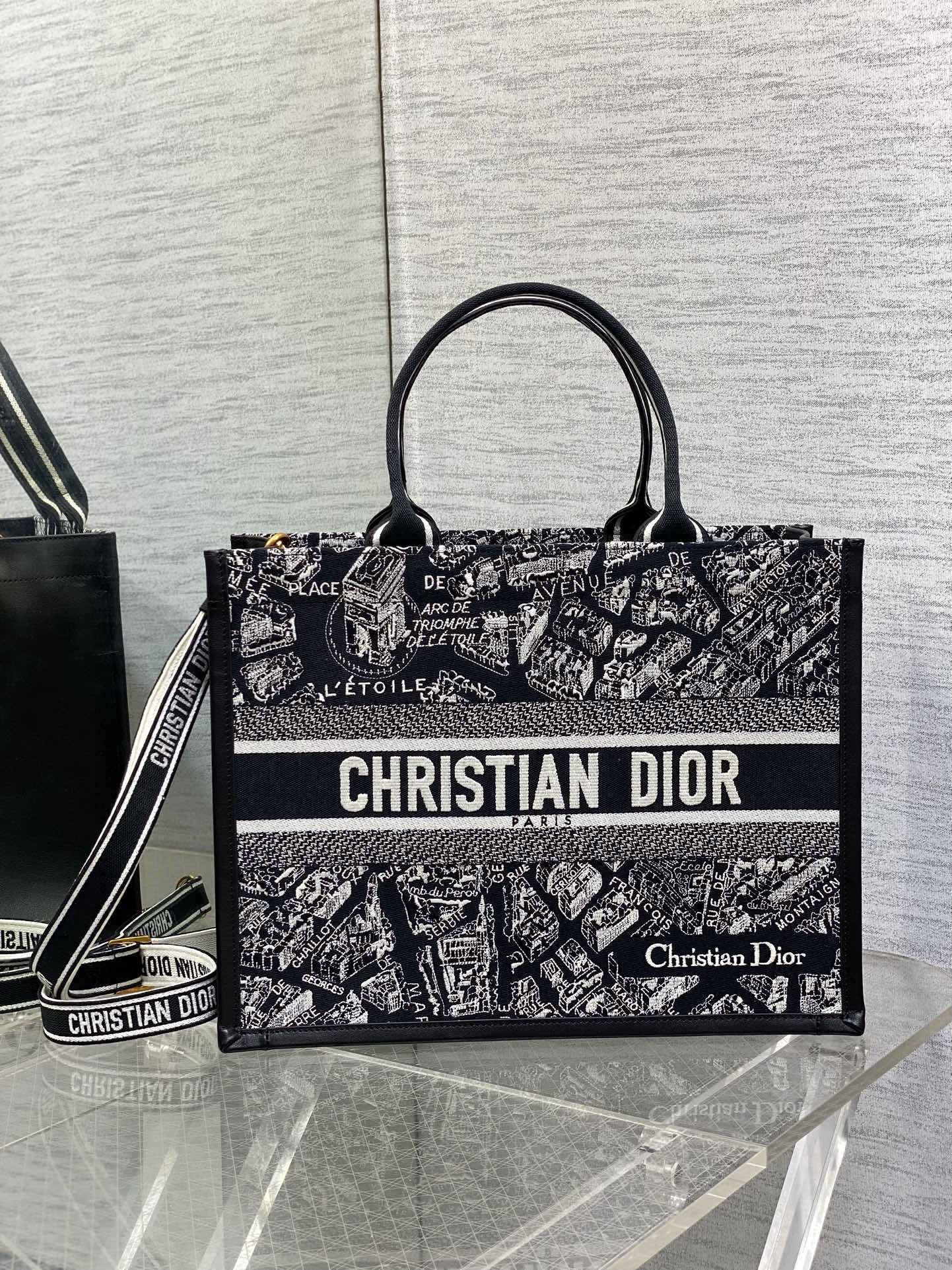 D*or medium book tote bag with strap in plan de paris embroidery and black calfskin