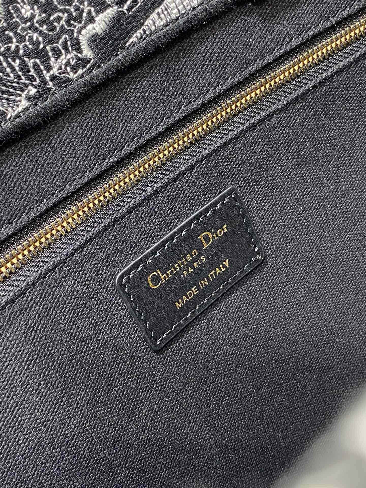 D*or medium book tote bag with strap in plan de paris embroidery and black calfskin
