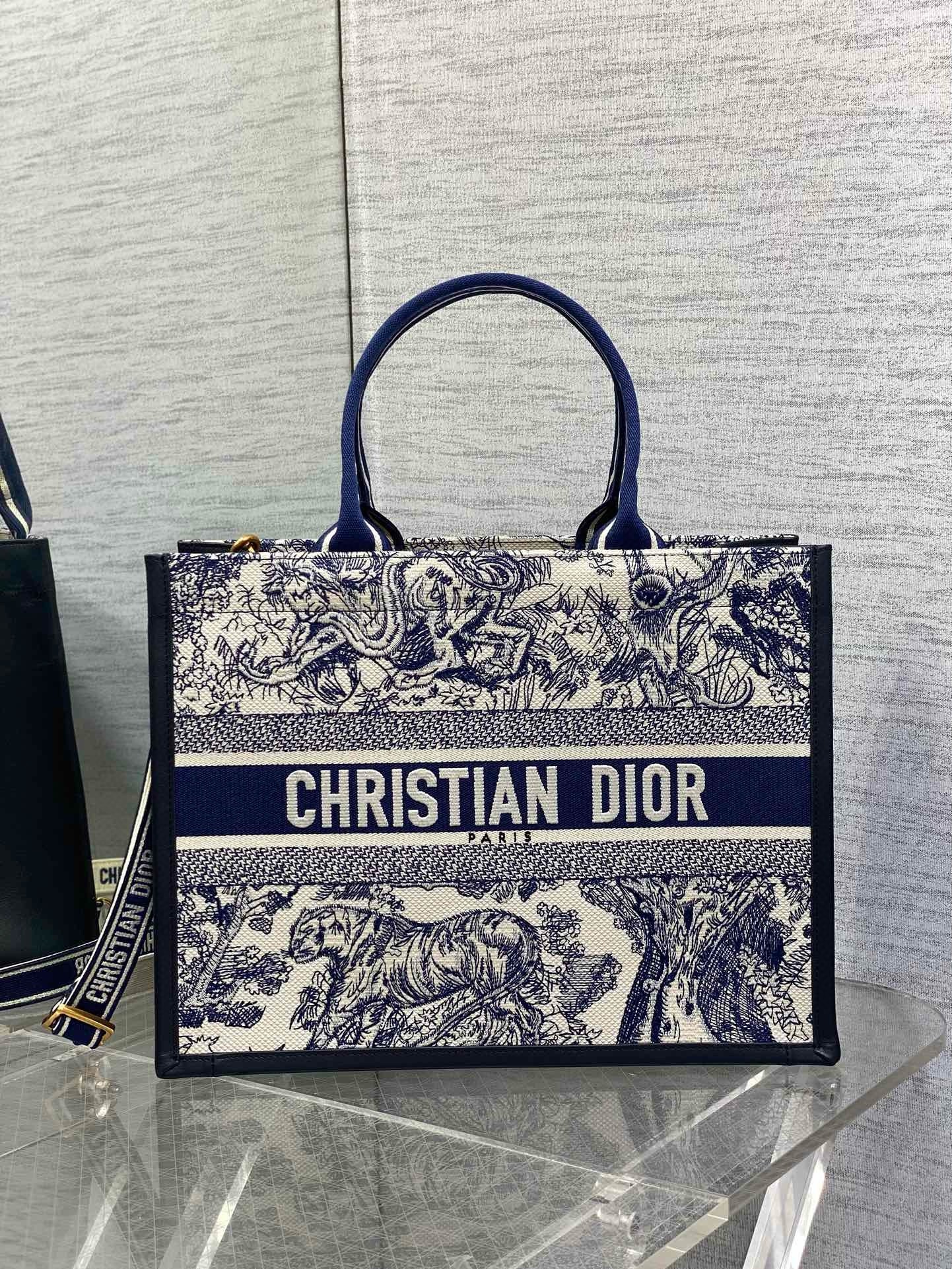 D*or medium book tote bag with strap in blue toile de jouy sauvage embroidery