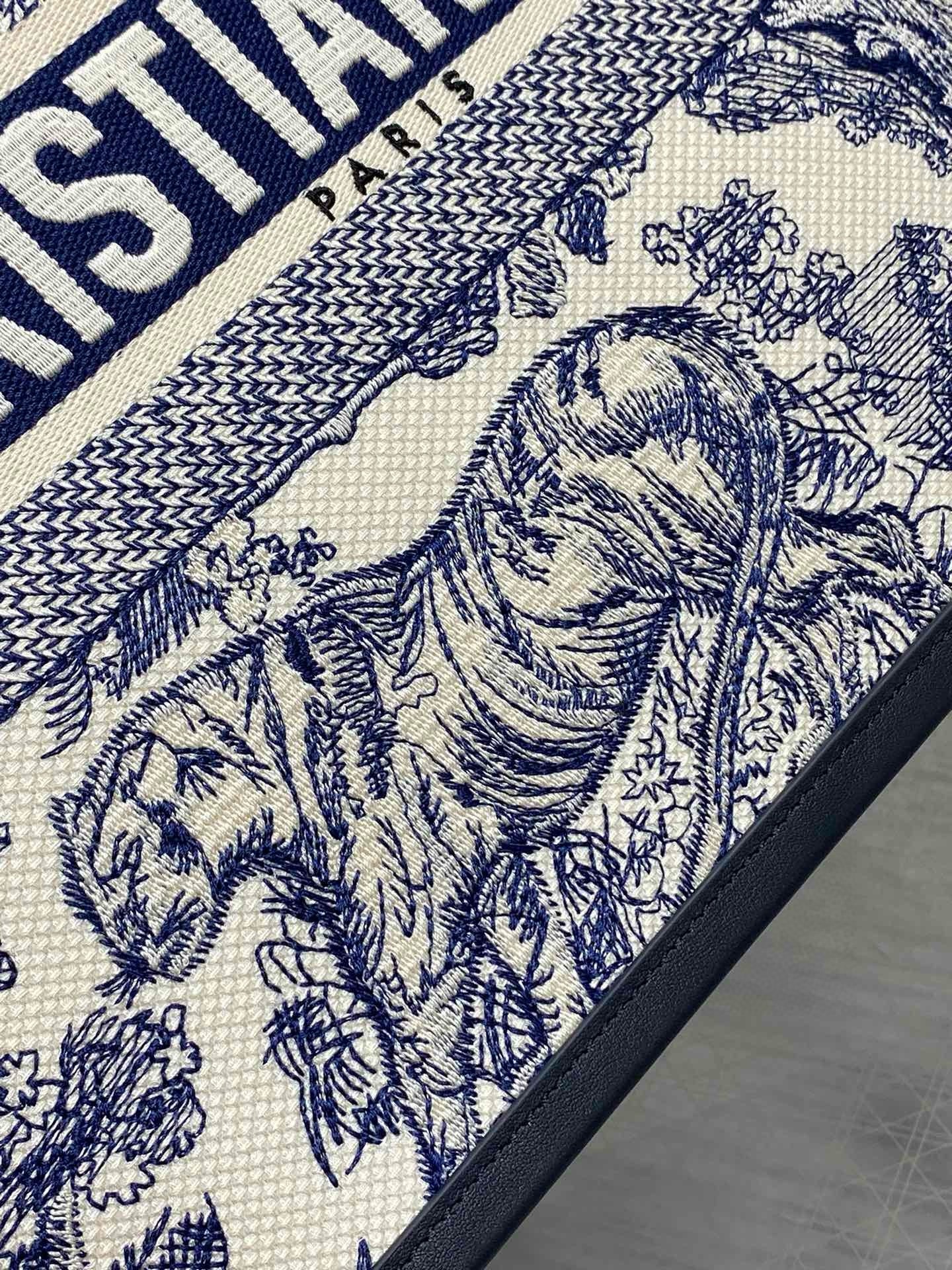 D*or medium book tote bag with strap in blue toile de jouy sauvage embroidery