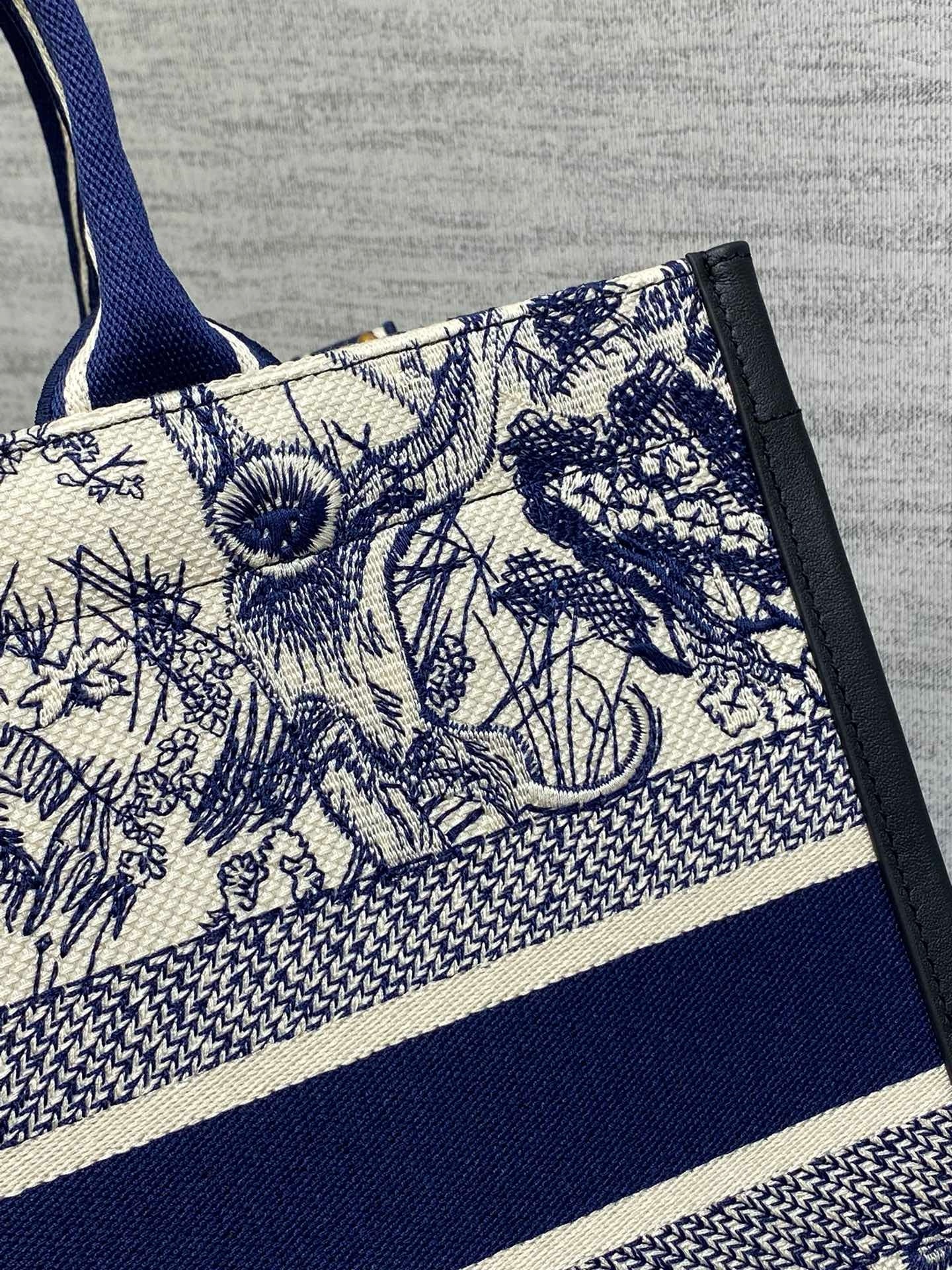 D*or medium book tote bag with strap in blue toile de jouy sauvage embroidery