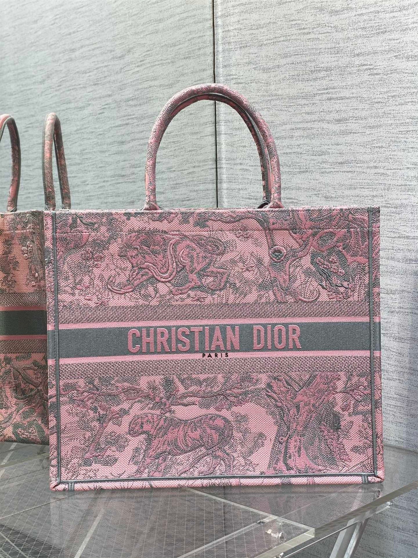 D*or large book tote bag in pink and gray toile de jouy sauvage embroidery