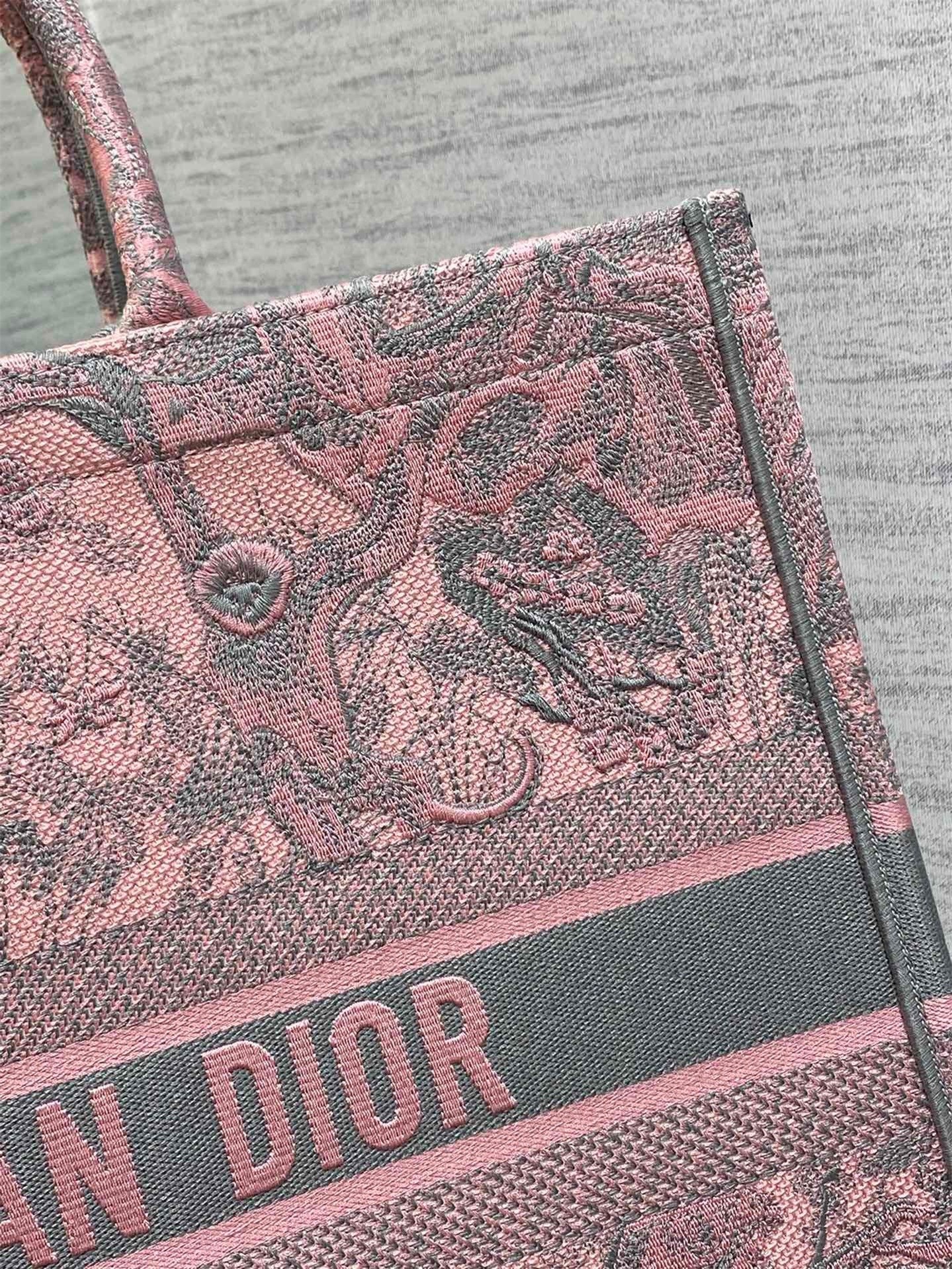 D*or large book tote bag in pink and gray toile de jouy sauvage embroidery