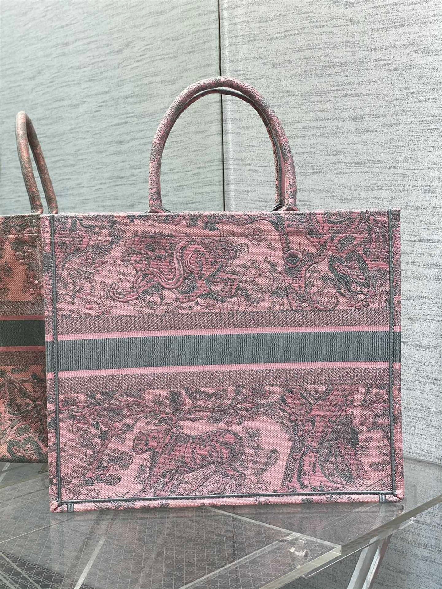 D*or large book tote bag in pink and gray toile de jouy sauvage embroidery