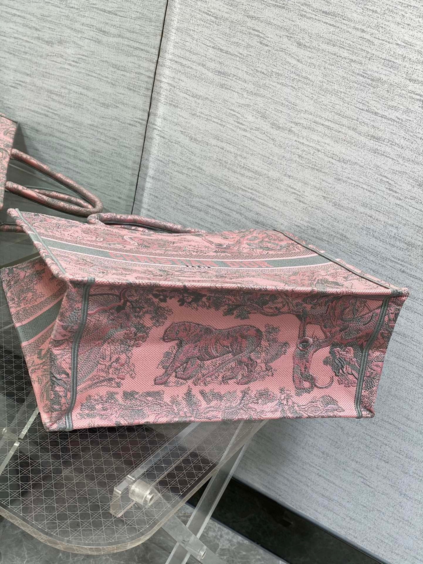 D*or large book tote bag in pink and gray toile de jouy sauvage embroidery