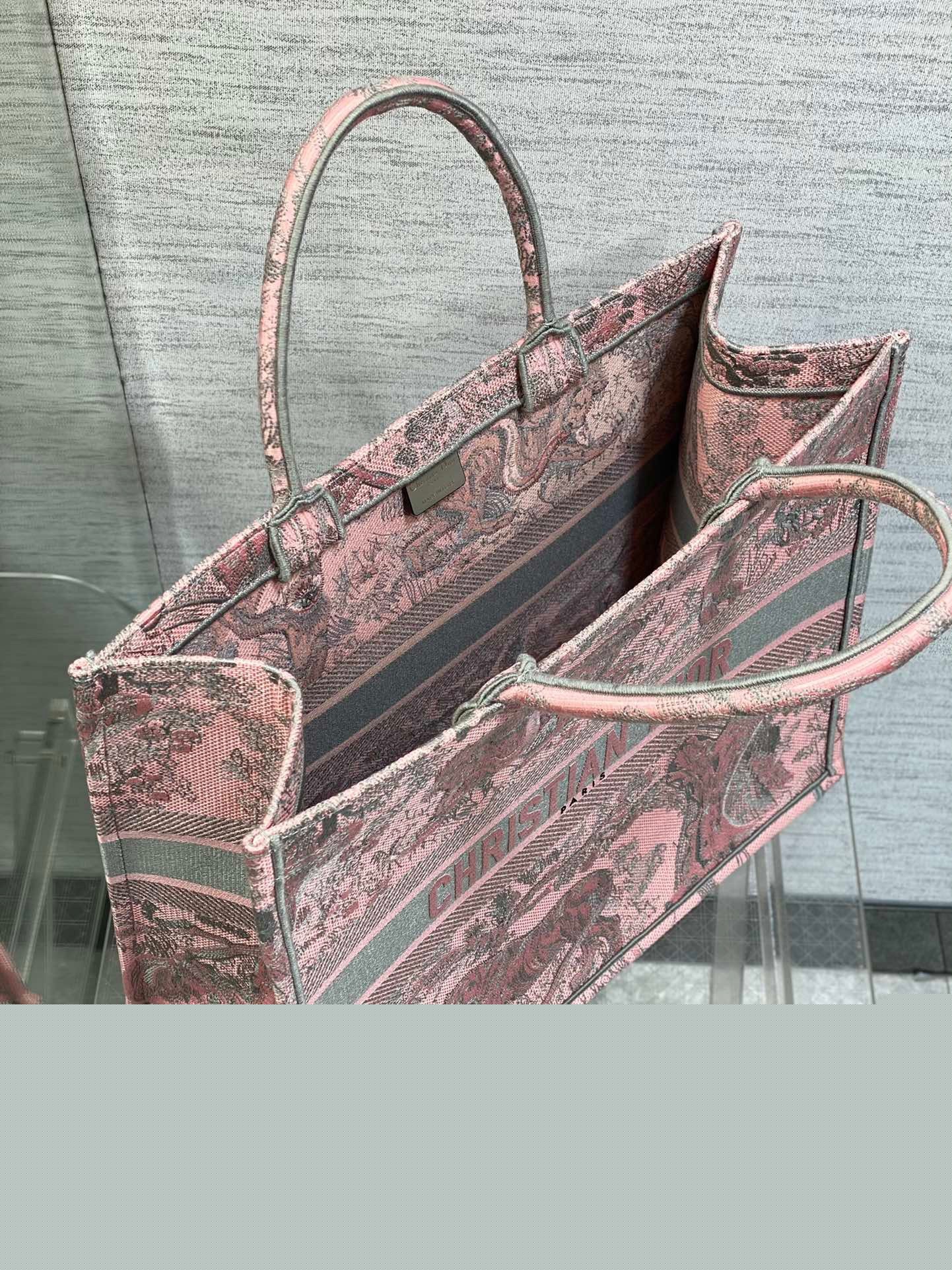 D*or large book tote bag in pink and gray toile de jouy sauvage embroidery