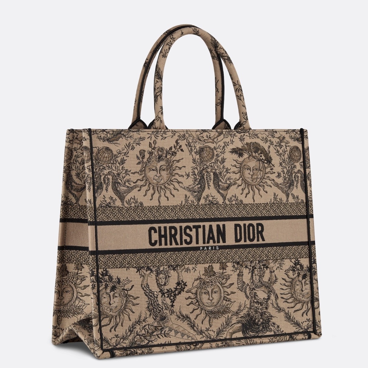 D*or large book tote bag in beige toile de jouy soleil embroidery