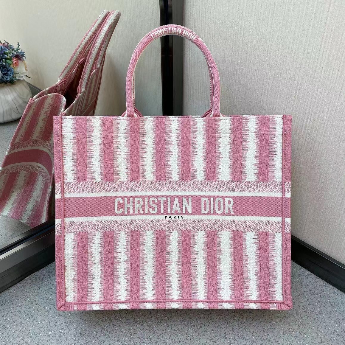 D*or book tote bag in pink d-stripes embroidery