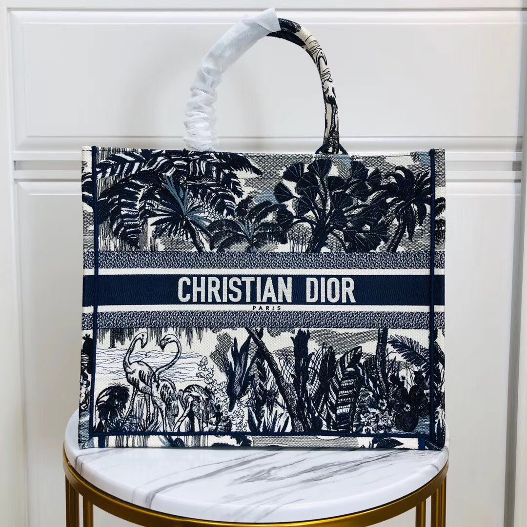 D*or book tote bag in blue palm tree toile de jouy embroidery