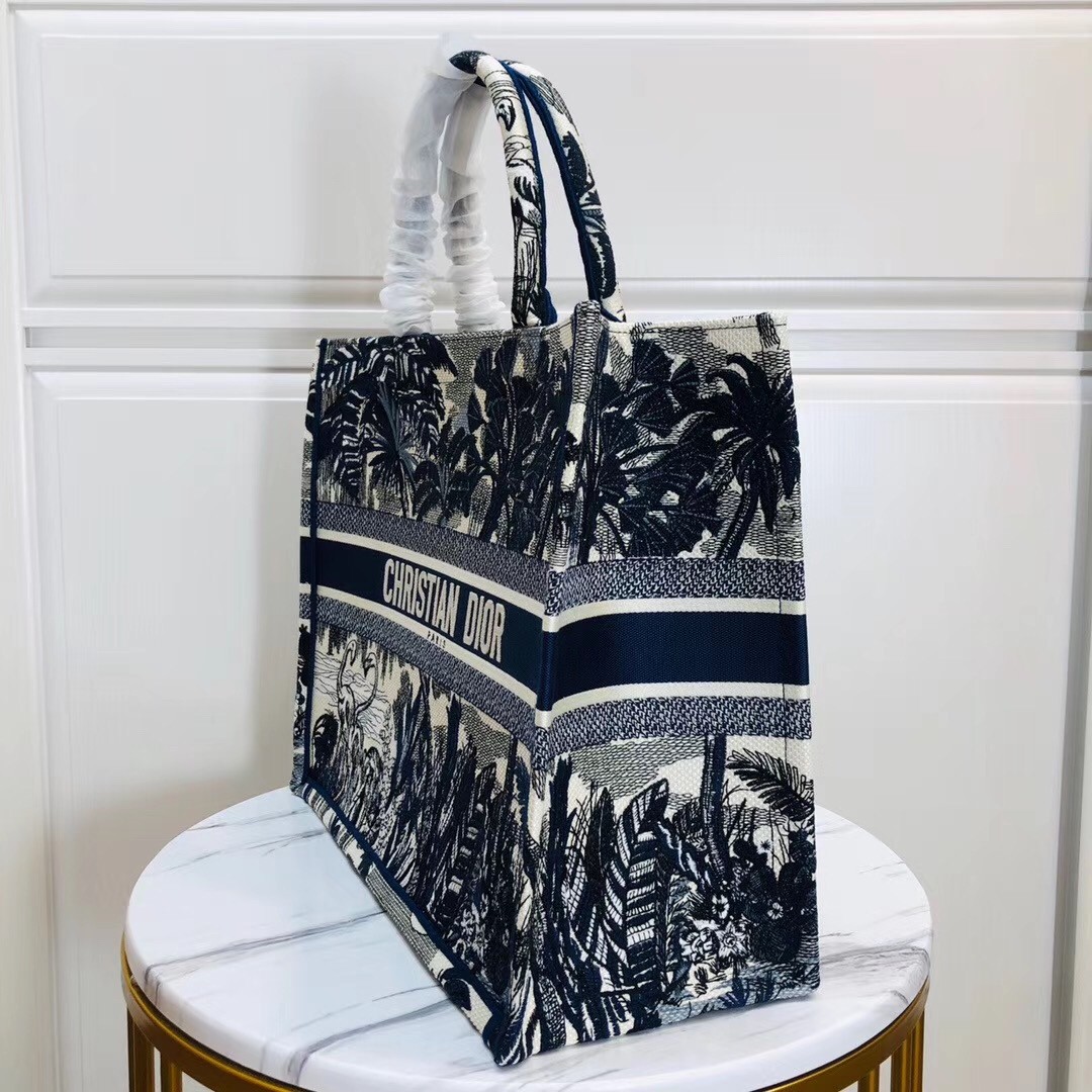 D*or book tote bag in blue palm tree toile de jouy embroidery