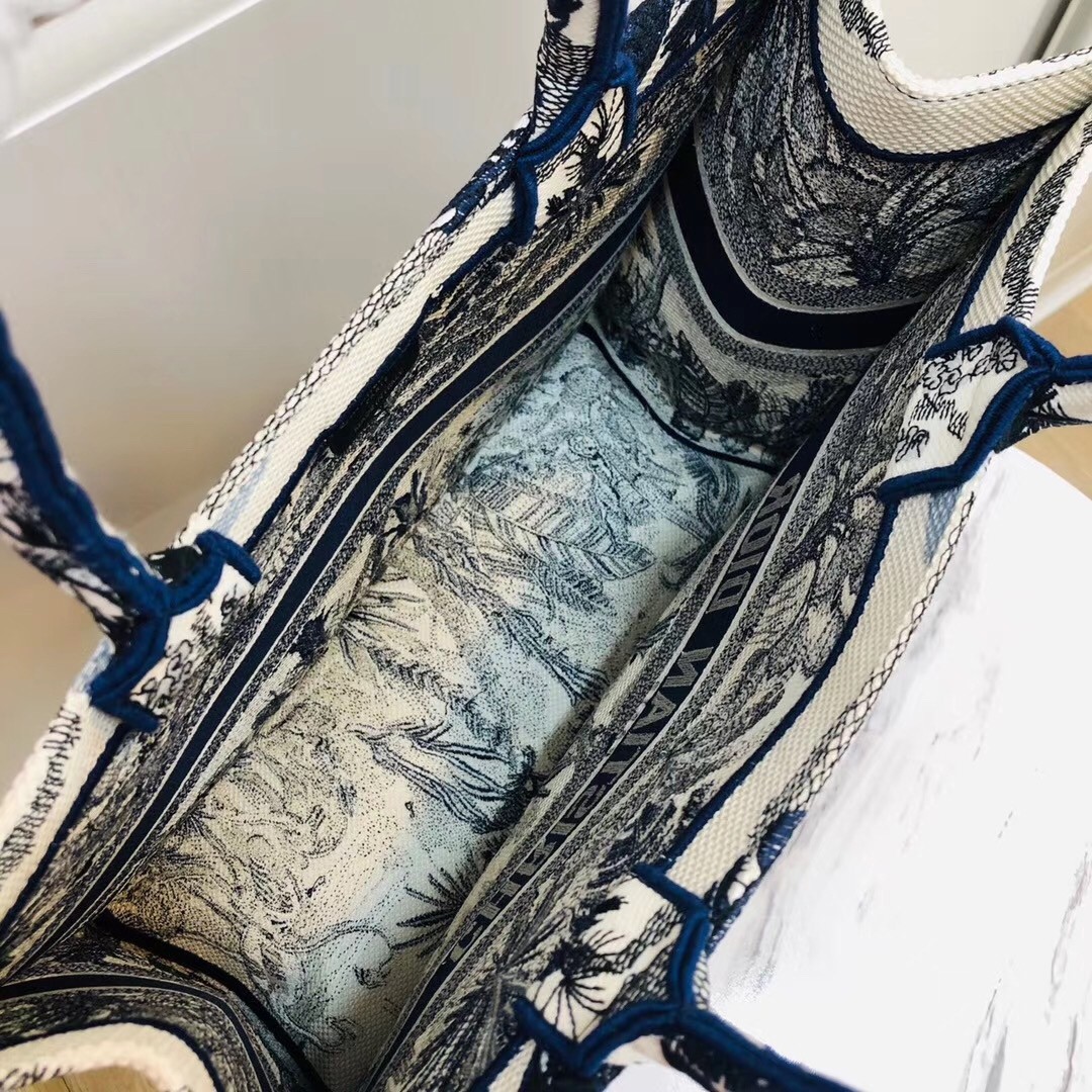 D*or book tote bag in blue palm tree toile de jouy embroidery