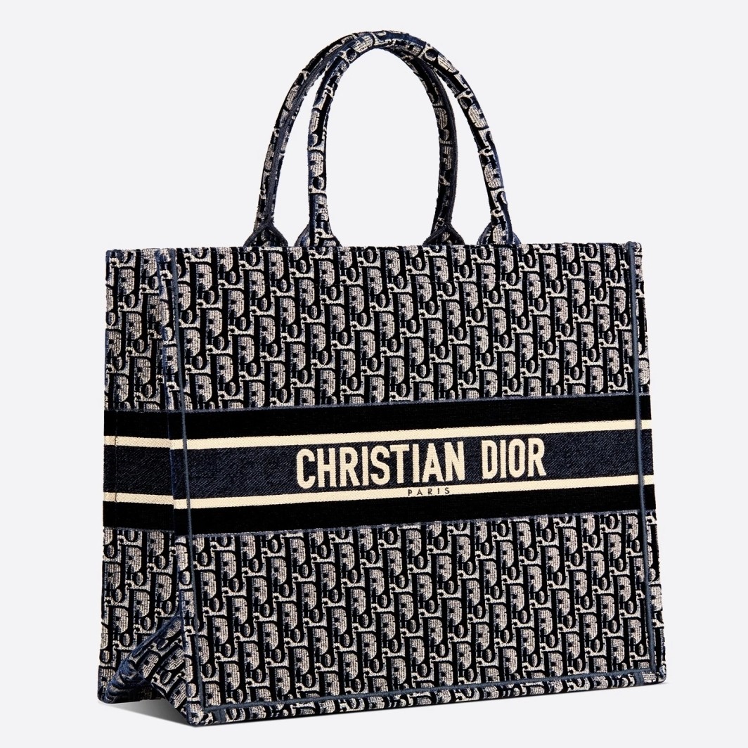 D*or large book tote in blue oblique embroidered velvet