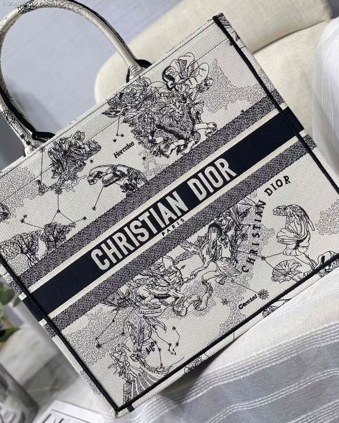 D*or large book tote bag in white toile de jouy zodiac embroidery