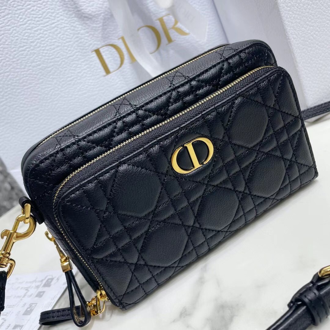 D*or caro double pouch in black cannage calfskin