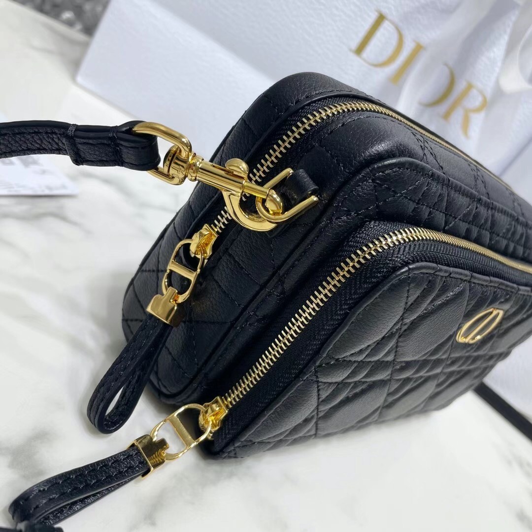 D*or caro double pouch in black cannage calfskin