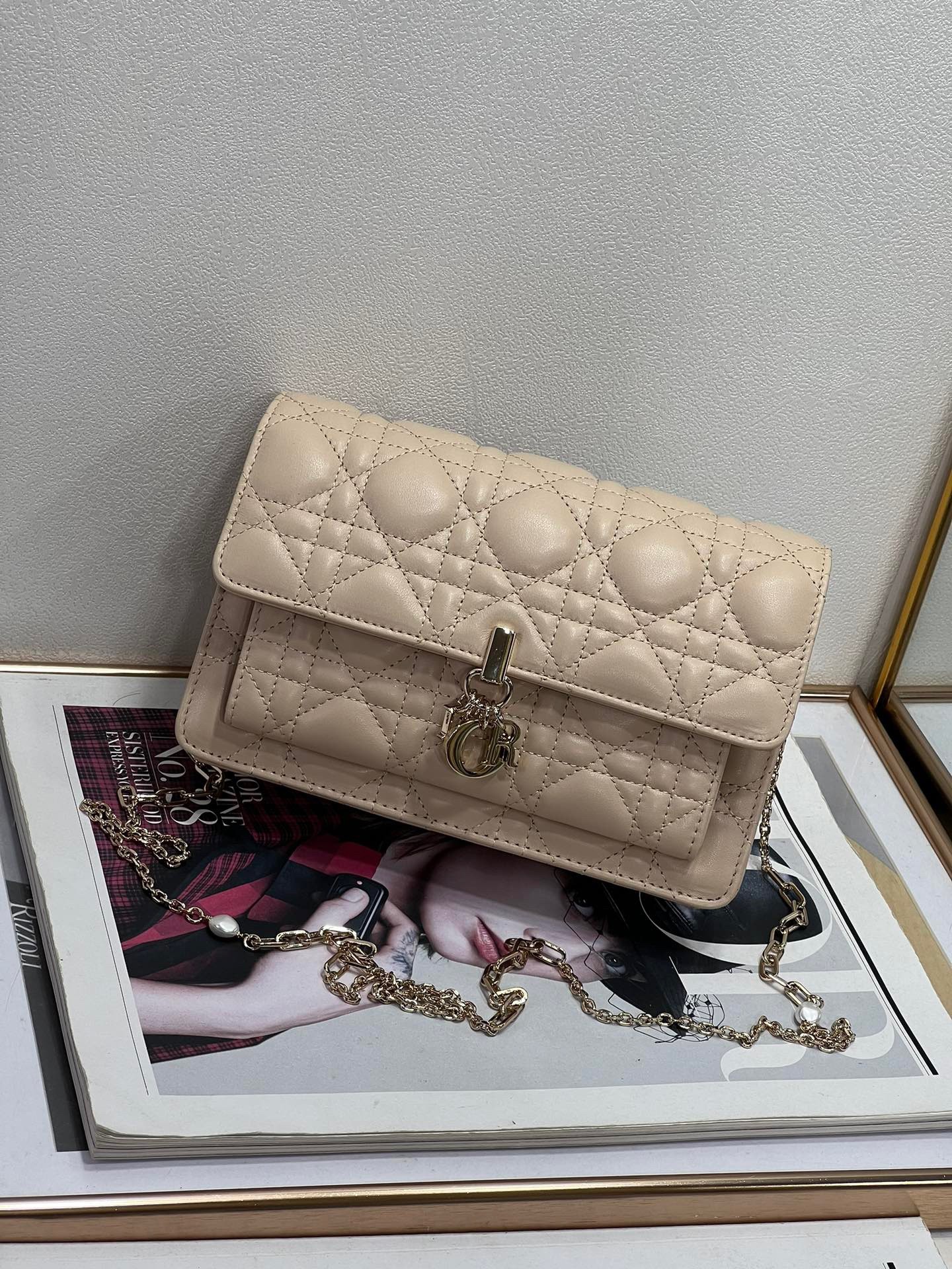D*or lady D*or chain pouch in beige cannage lambskin