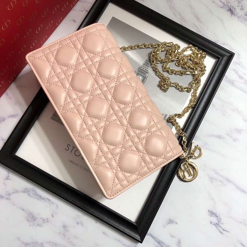 D*or lady D*or clutch with chain in nude lambskin