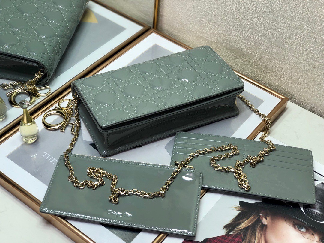 D*or lady D*or clutch with chain in grey patent leather