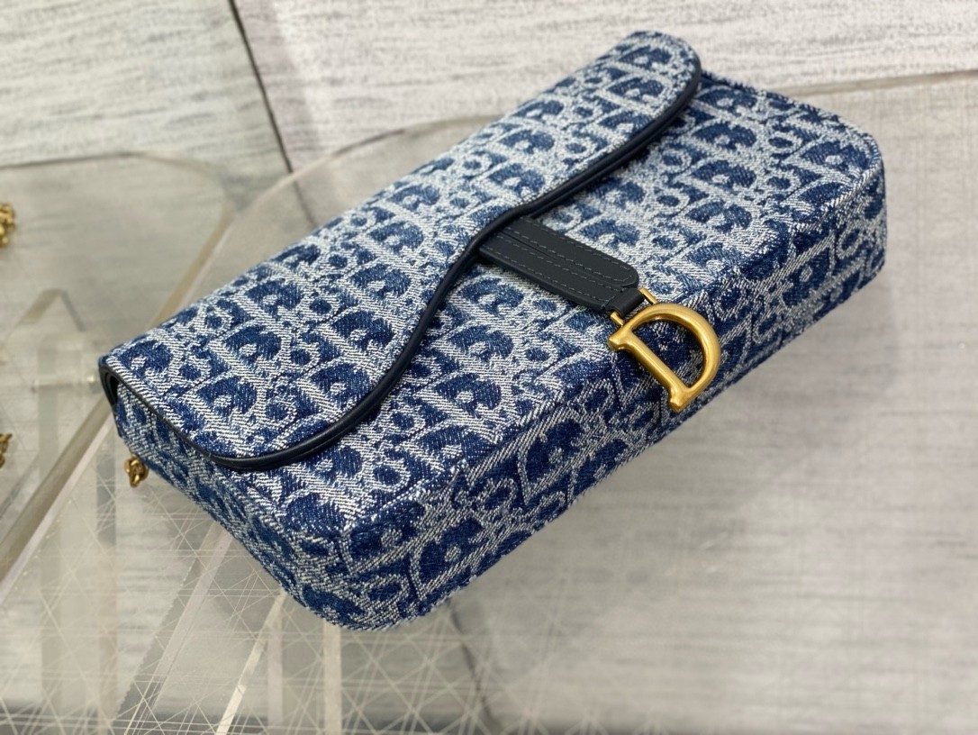 D*or saddle chain pouch in blue denim oblique jacquard