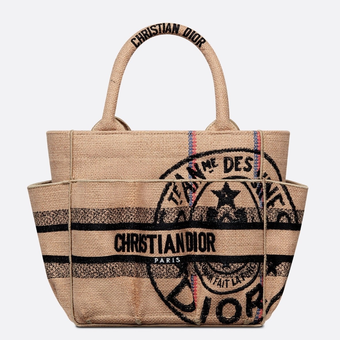 D*or small catherine tote bag in beige jute canvas with union motif