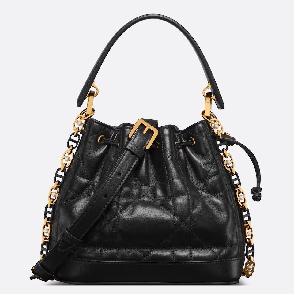 D*or small jolie bucket bag in black macrocannage lambskin