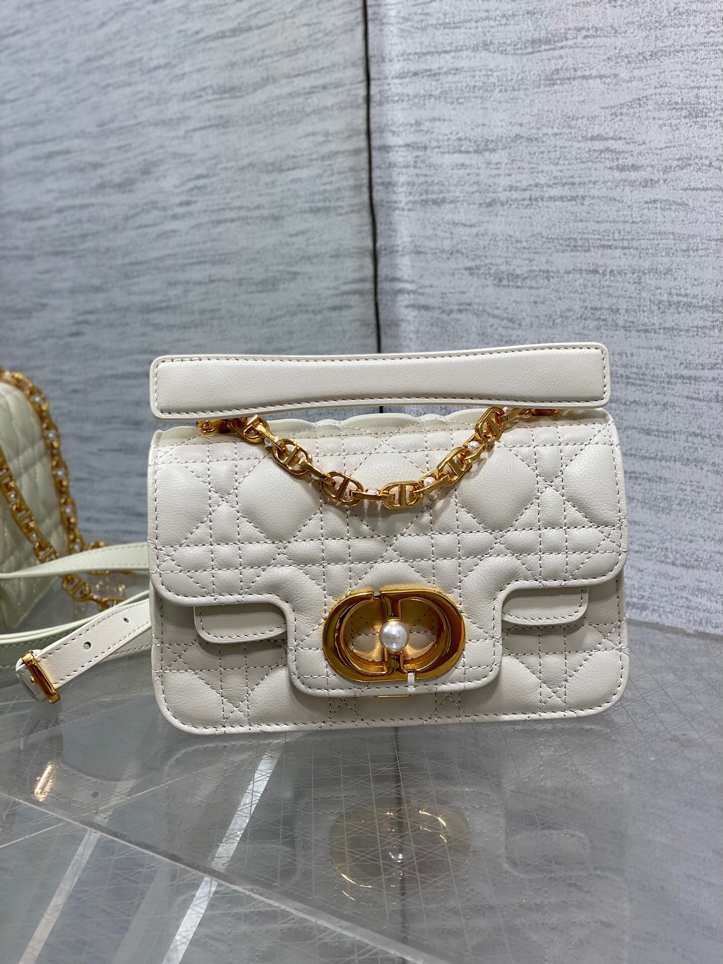 D*or mini jolie top handle bag in white cannage calfskin