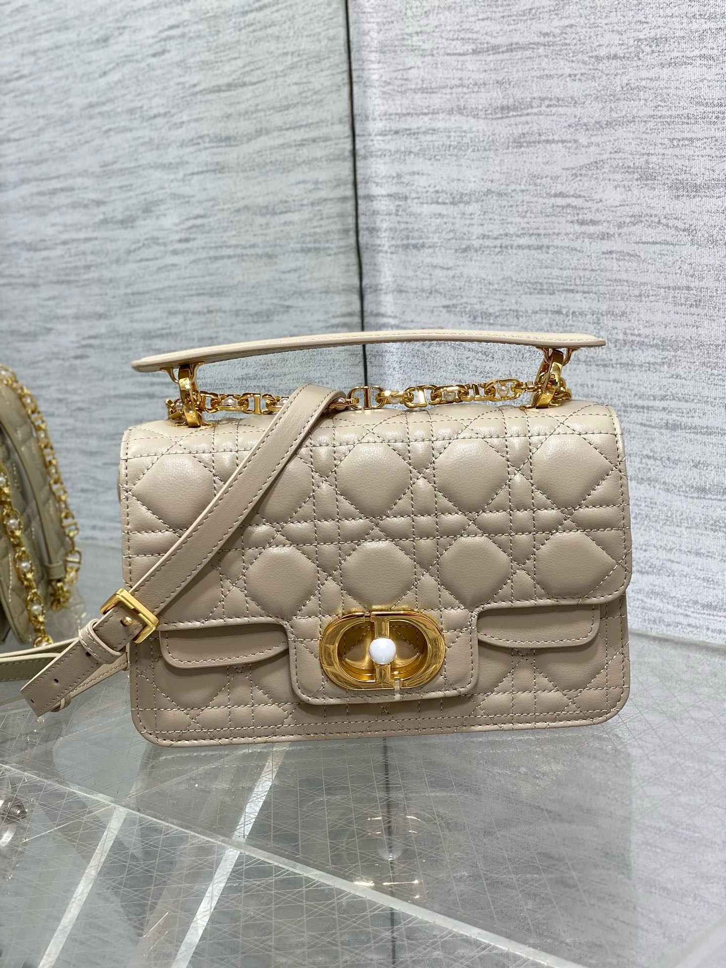 D*or small jolie top handle bag in beige cannage calfskin