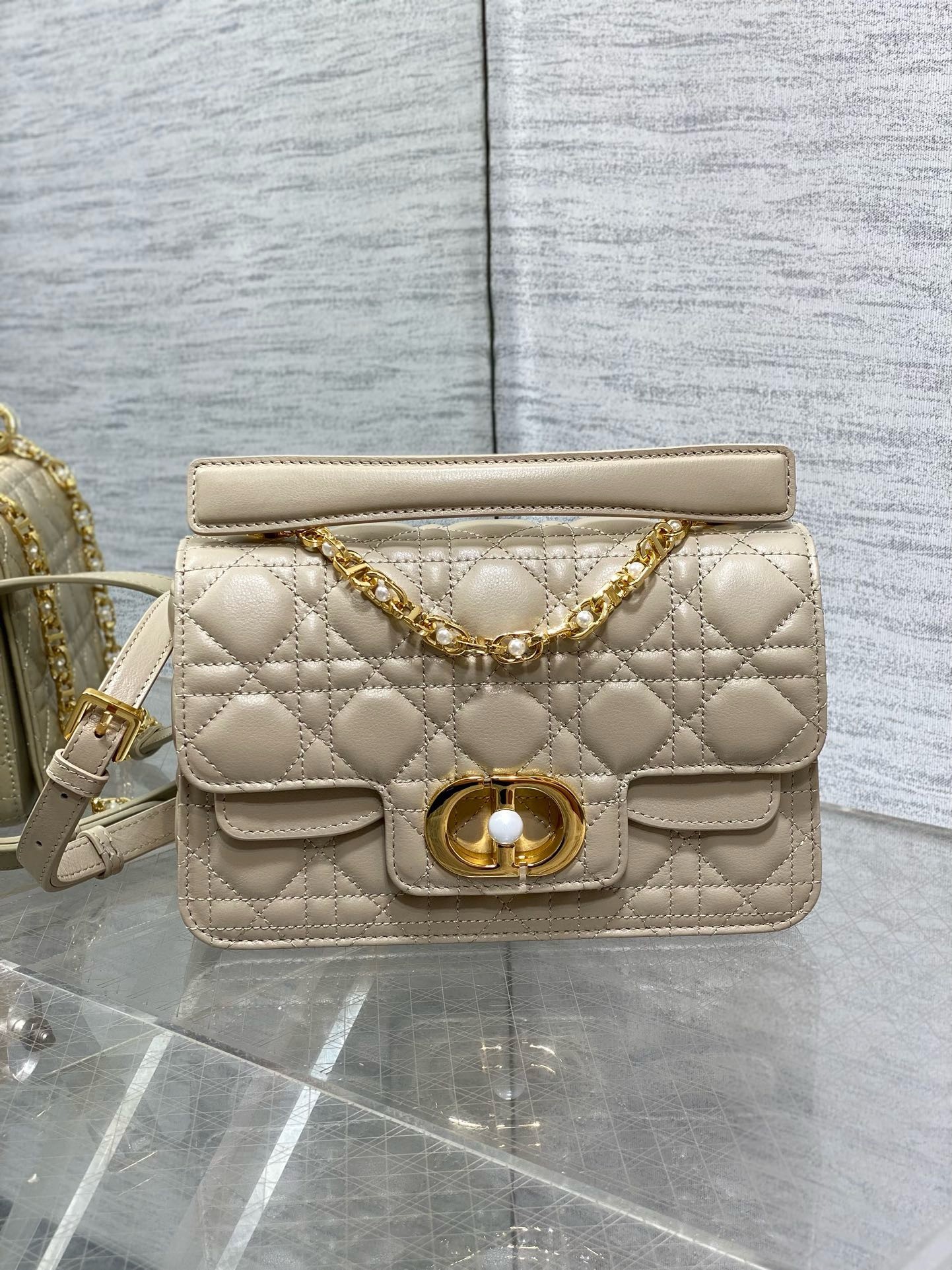 D*or small jolie top handle bag in beige cannage calfskin