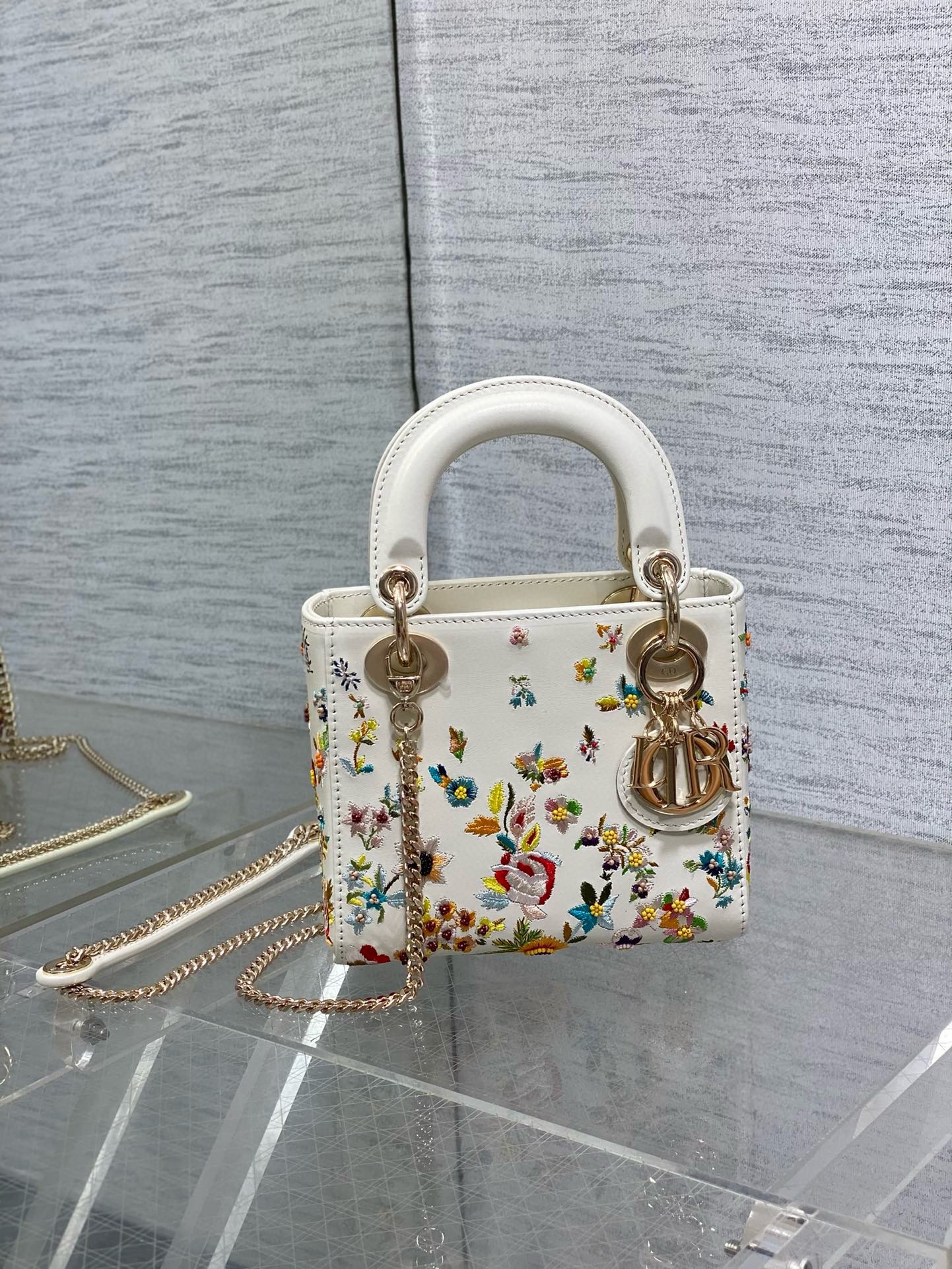 D*or lady D*or mini bag in white calfskin with multicolor small flowers