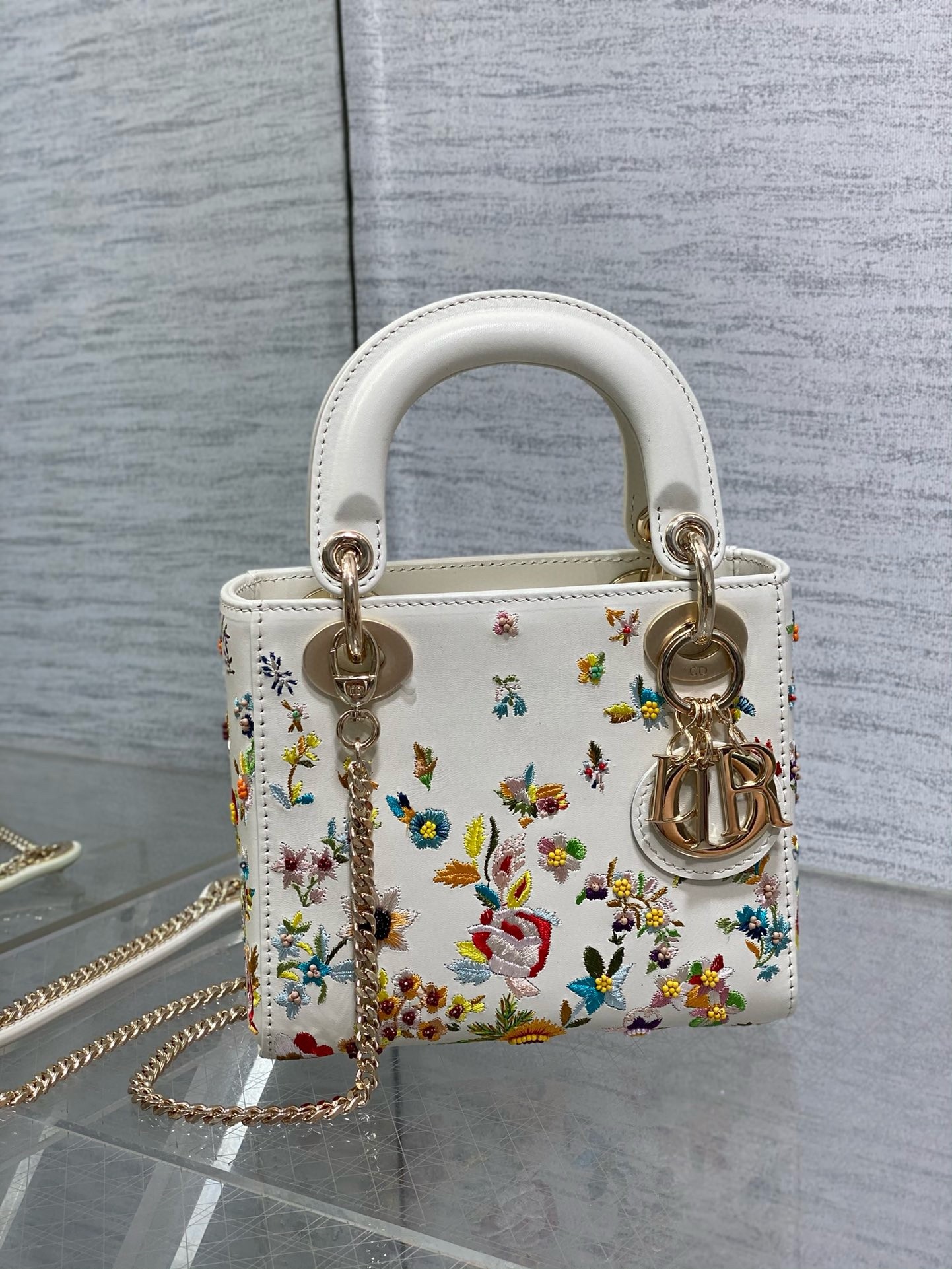 D*or lady D*or mini bag in white calfskin with multicolor small flowers