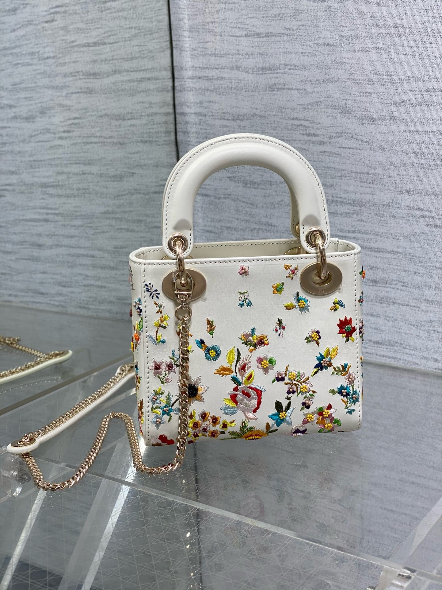 D*or lady D*or mini bag in white calfskin with multicolor small flowers