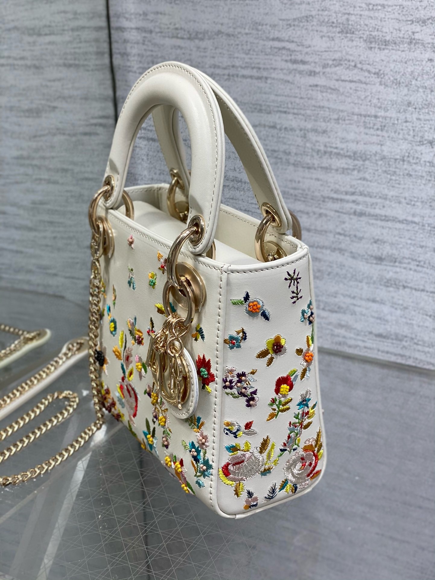 D*or lady D*or mini bag in white calfskin with multicolor small flowers