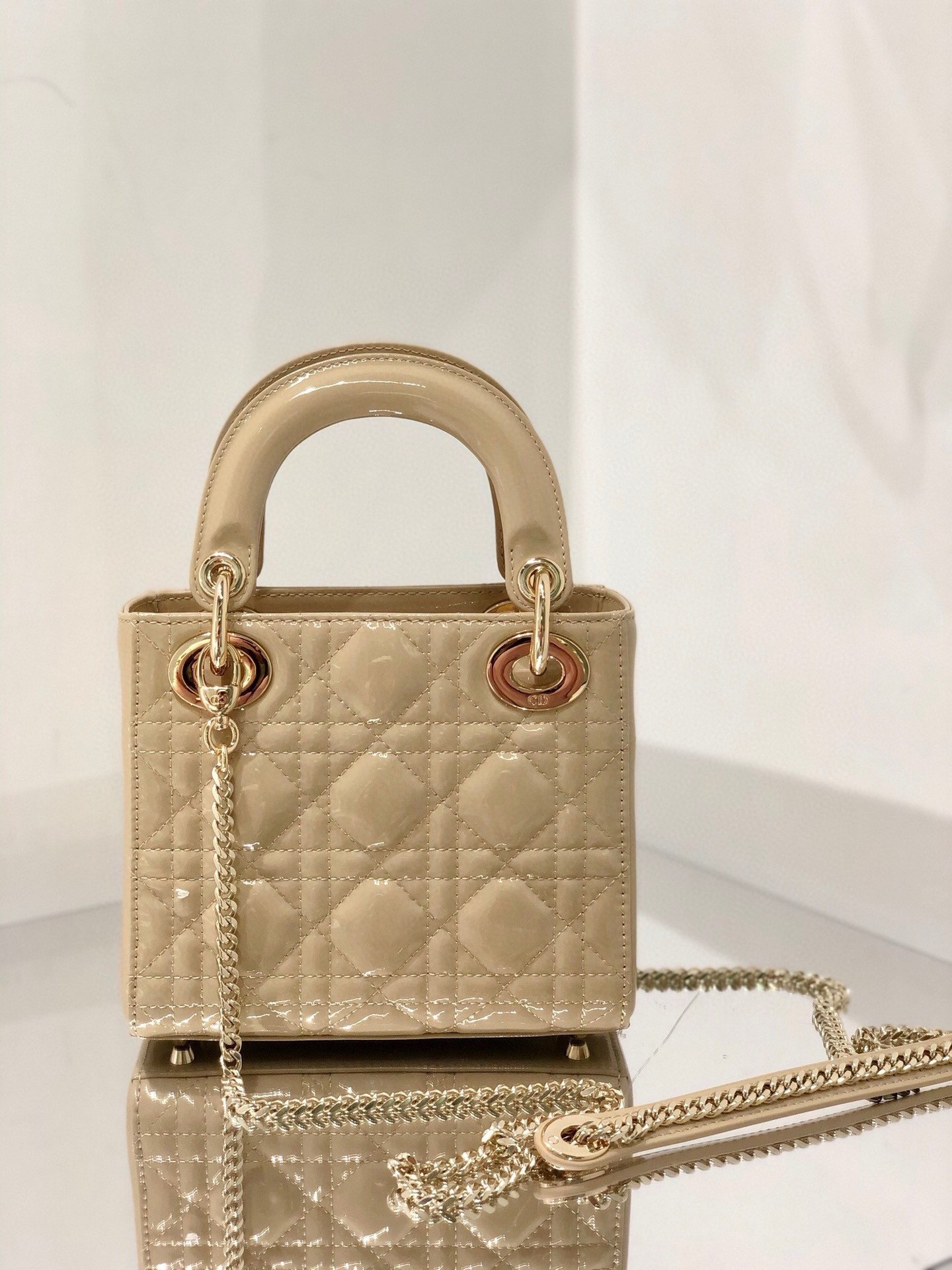 D*or lady D*or mini chain bag with chain in aesthetic beige patent calfskin