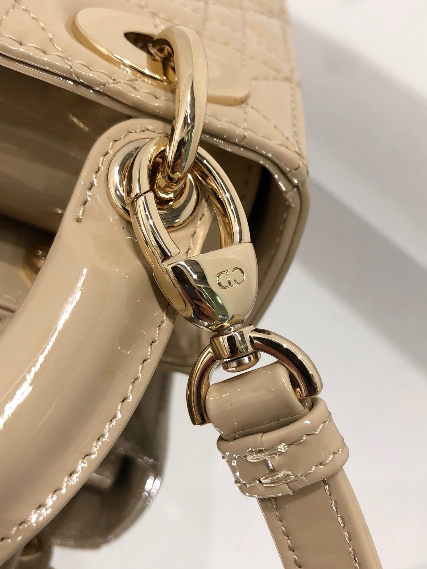 D*or lady D*or mini chain bag with chain in aesthetic beige patent calfskin