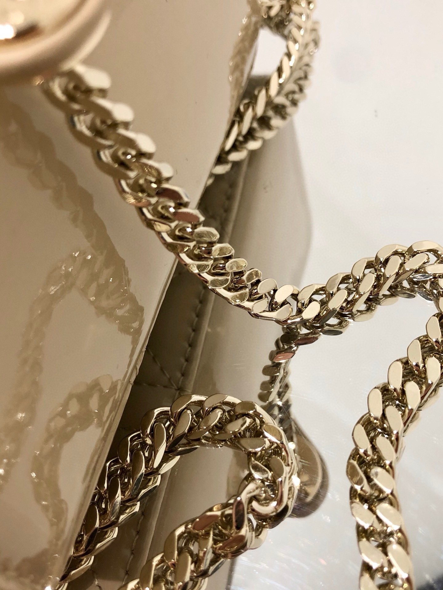 D*or lady D*or mini chain bag with chain in aesthetic beige patent calfskin