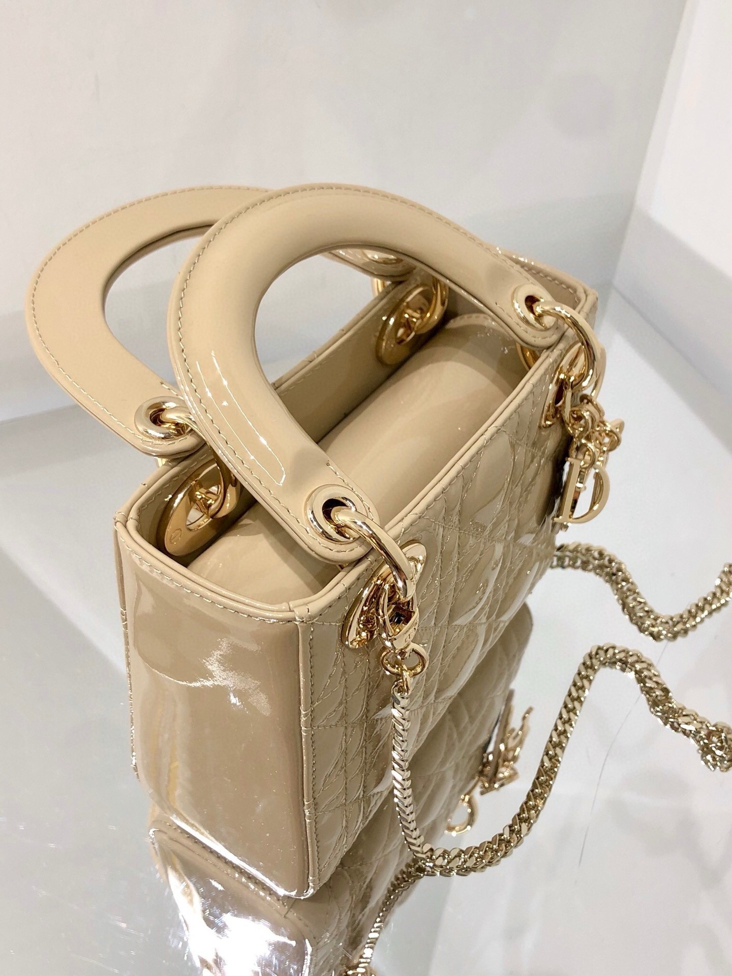 D*or lady D*or mini chain bag with chain in aesthetic beige patent calfskin