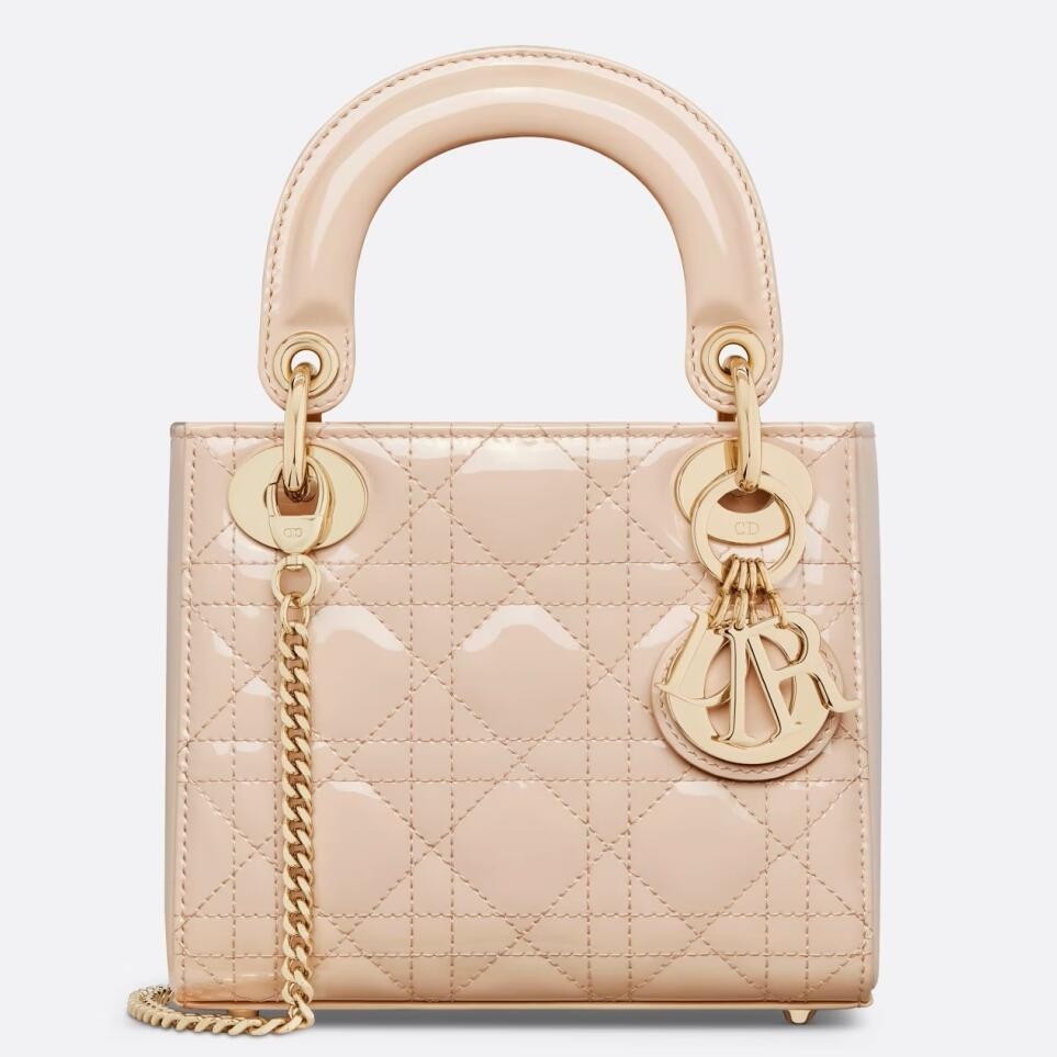 D*or lady D*or mini chain bag with chain in aesthetic beige patent calfskin
