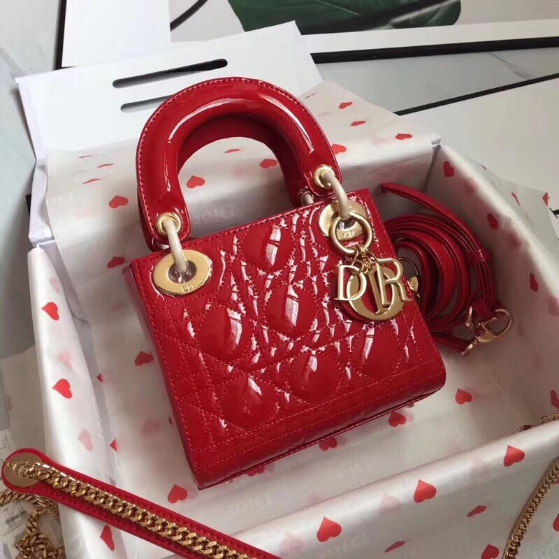 D*or mini lady D*or bag in cherry patent calfskin