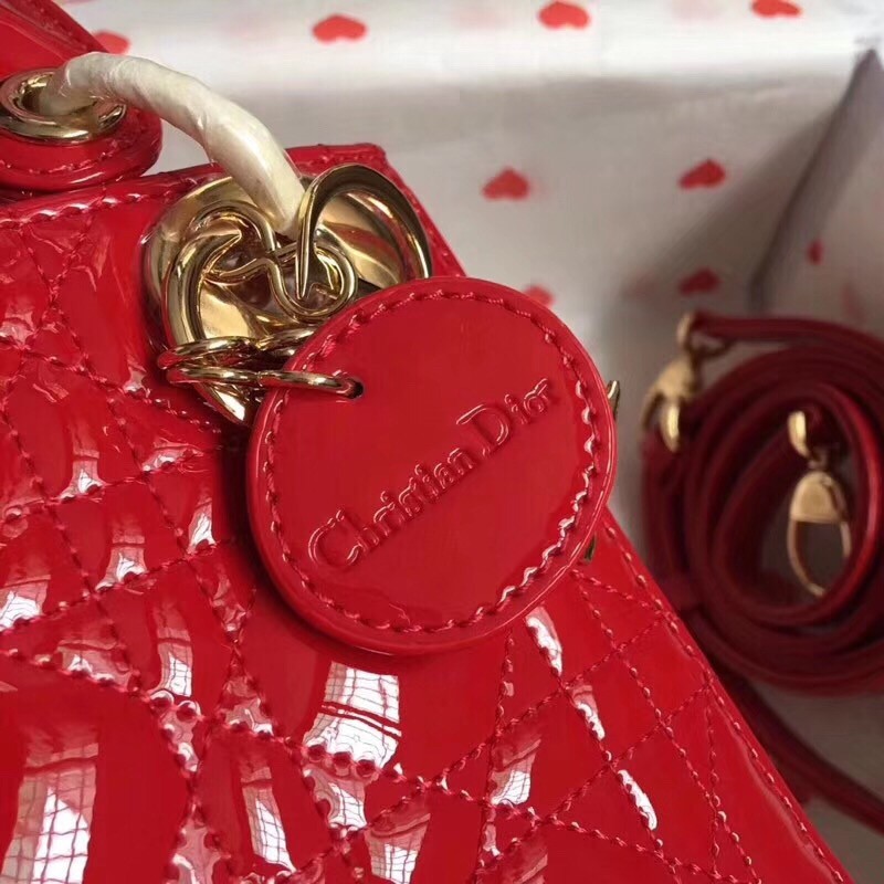 D*or mini lady D*or bag in cherry patent calfskin