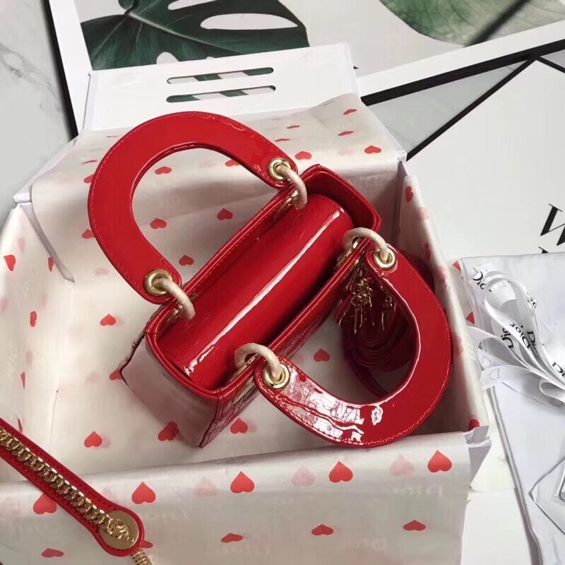 D*or mini lady D*or bag in cherry patent calfskin