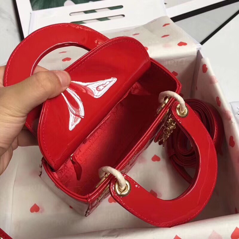 D*or mini lady D*or bag in cherry patent calfskin