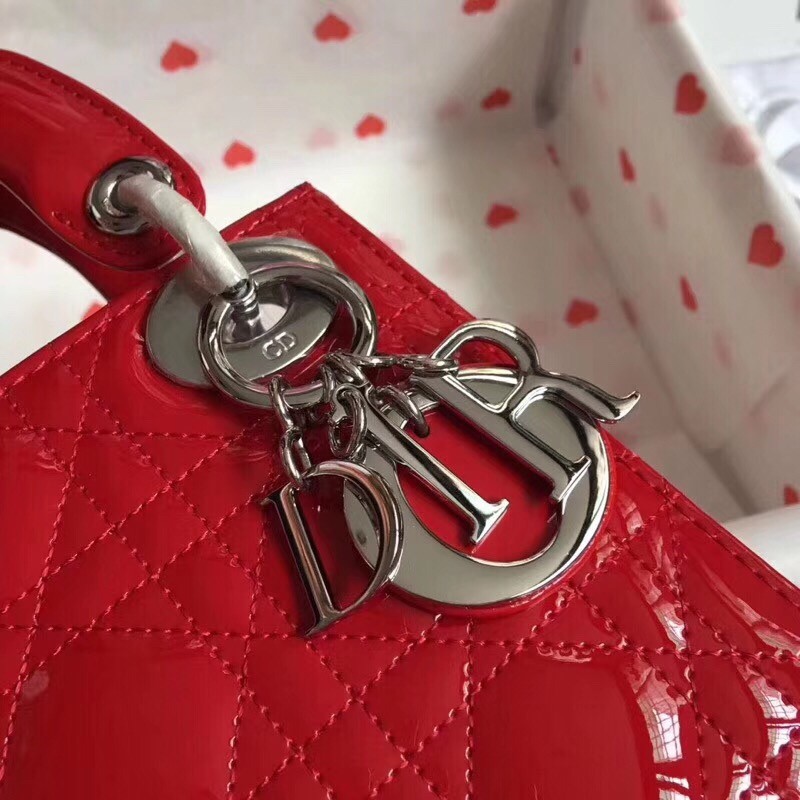 D*or mini lady D*or bag in cherry patent calfskin