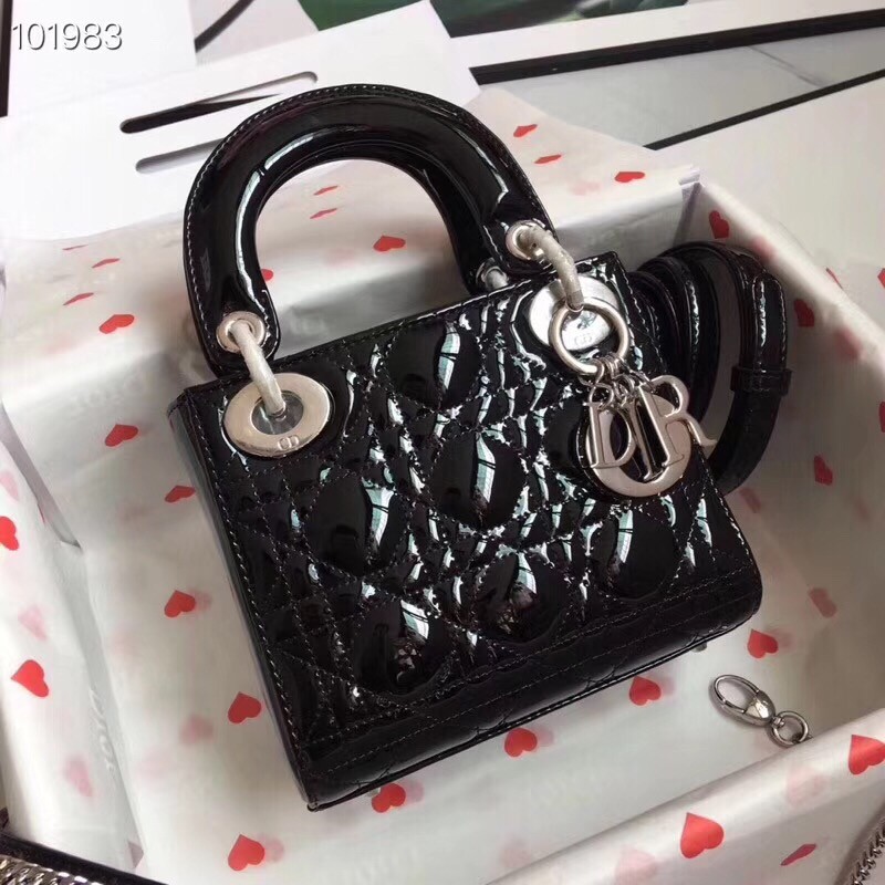 D*or mini lady D*or bag in black patent calfskin