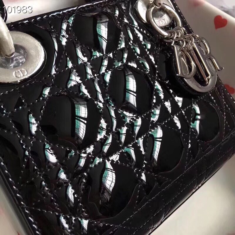 D*or mini lady D*or bag in black patent calfskin