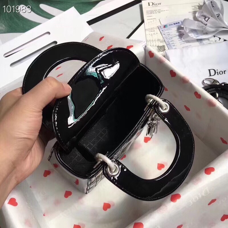 D*or mini lady D*or bag in black patent calfskin